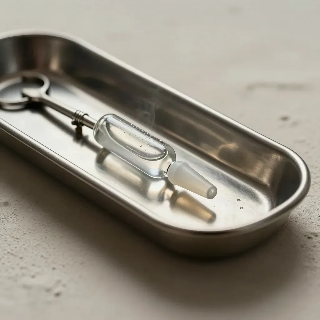 Stainless instrument tray, ampoule, stopper and clamp on pale plaster with soft sterile vapor.