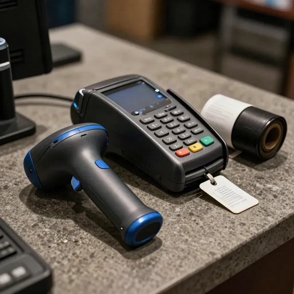 Barcode scanner, card terminal cradle, hard tag and receipt-roll core on brushed stone