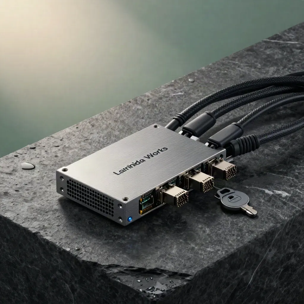 Server module, braided cables, SSD caddies and a security key on rain-darkened stone at dawn.