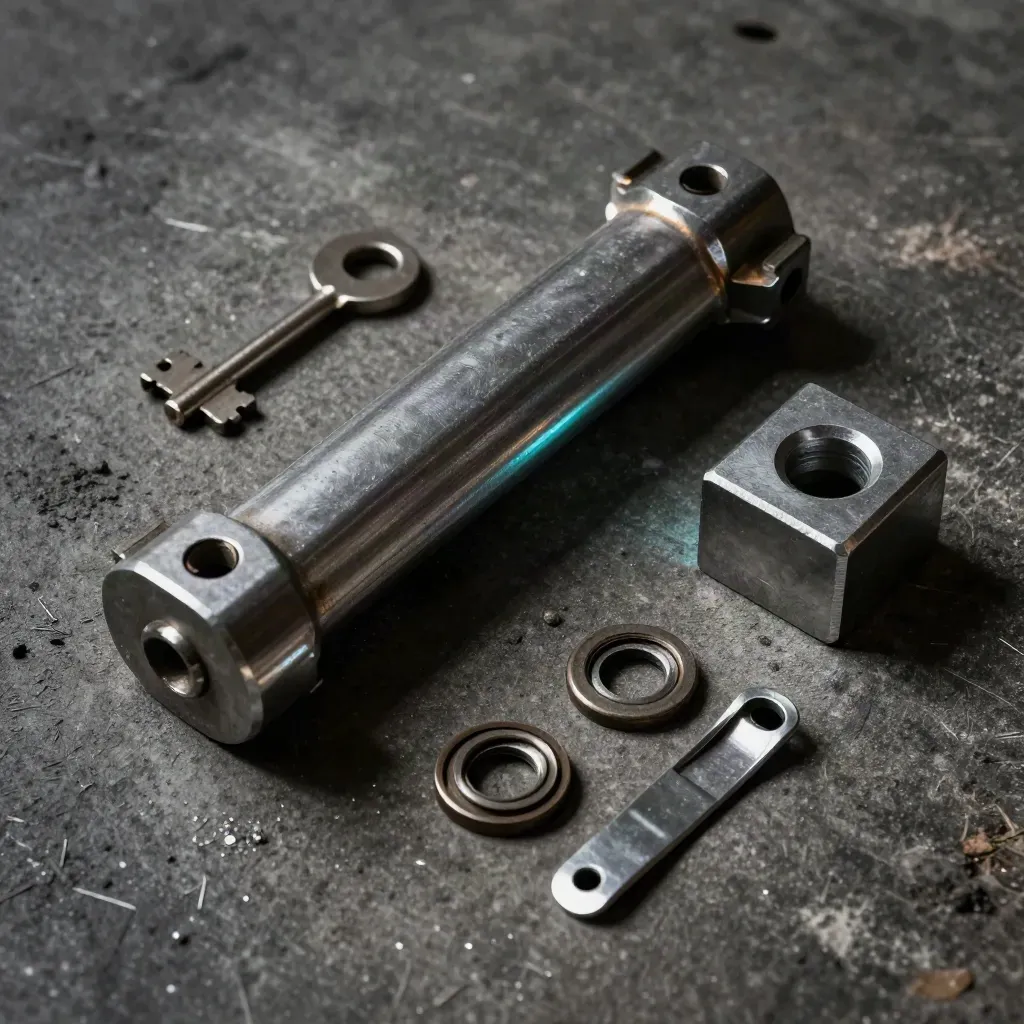 Top-down rail coupler, insulated fastener and spacer block on charcoal concrete with hard workshop light.