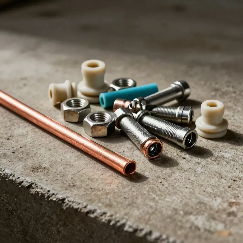 Copper busbar, ceramic insulators and cable lugs on concrete in dramatic top-down light.