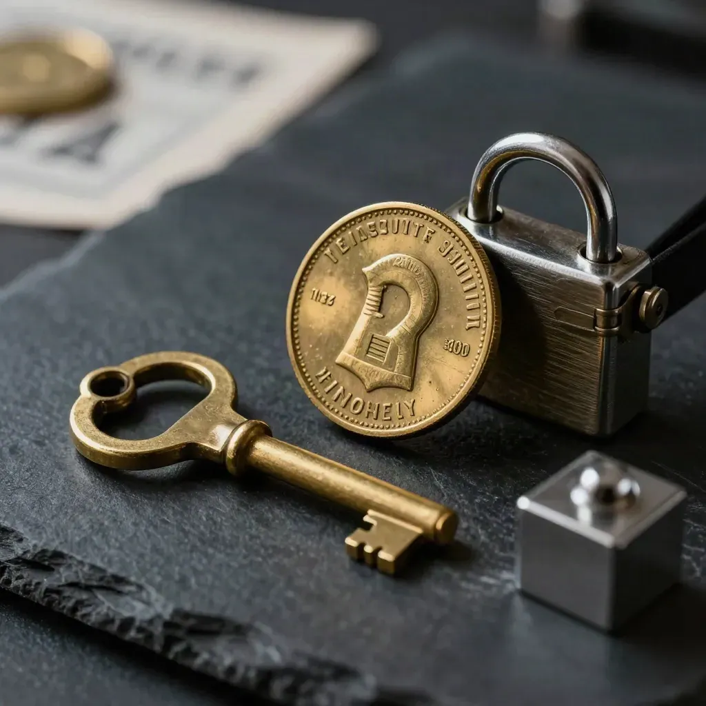 Brass key, security token, cashbox latch and paperweight on dark slate stone.
