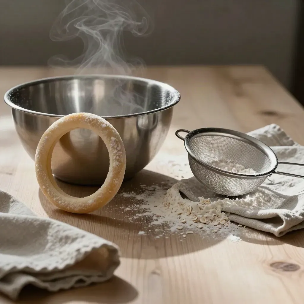 Pastry prep still life with mixing bowl, sieve, pastry ring and linen on pale wood.