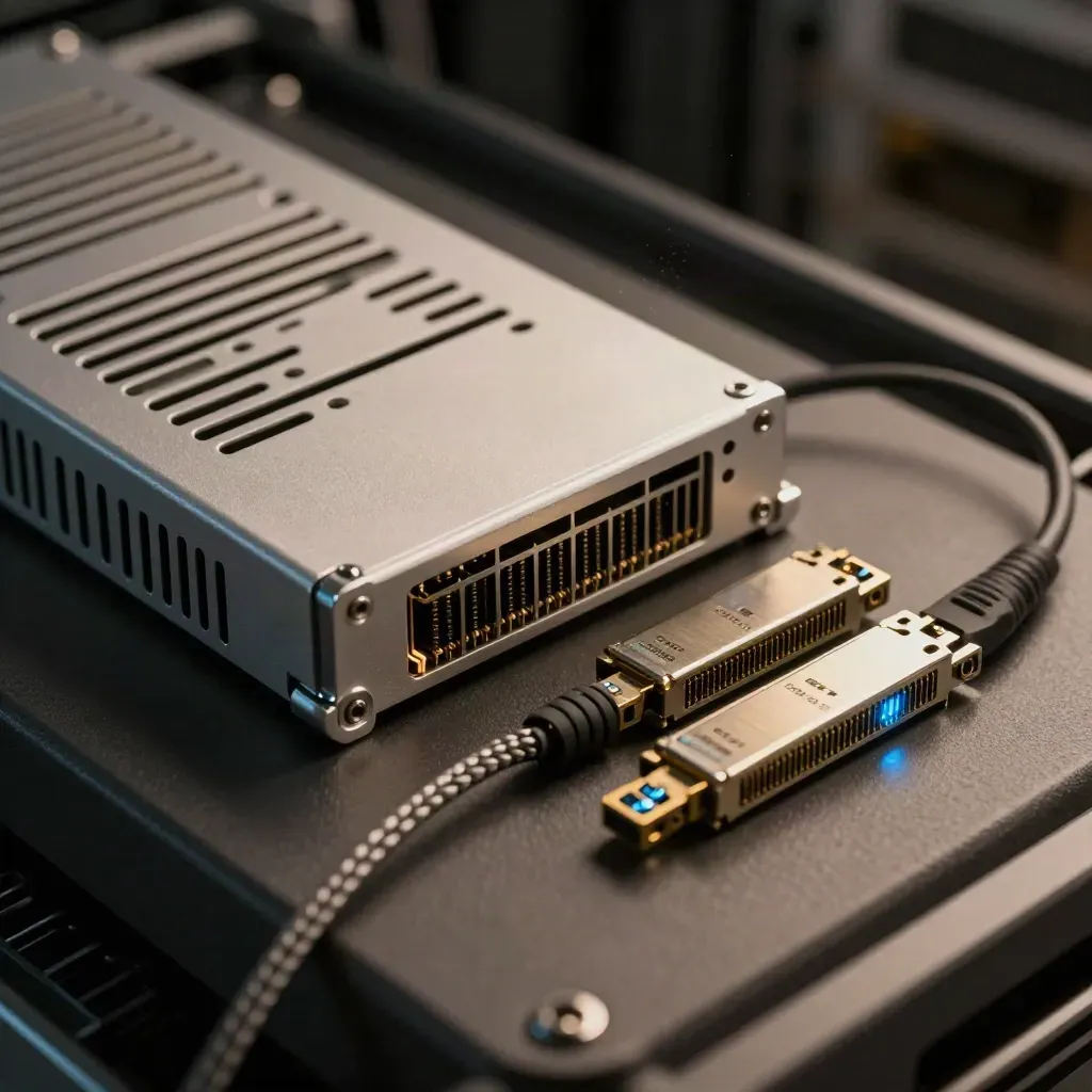 Overhead macro of a microserver module, braided patch lead, and two SFP transceivers on graphite.