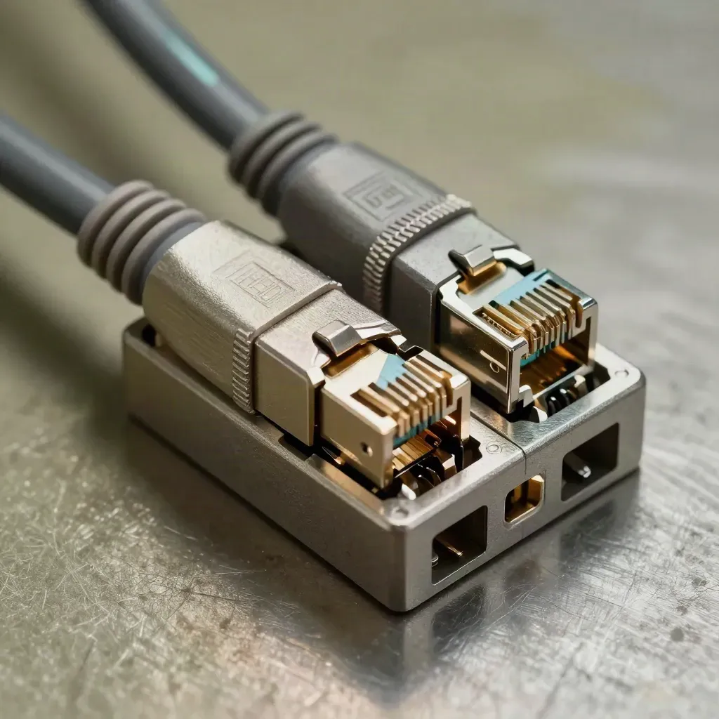 Macro of RJ45 couplers joining in a junction block on brushed metal with a coiled cable arc.
