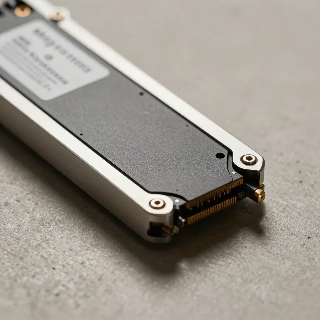Macro of an SSD sled beside an aluminium drive caddy on pale concrete, lit from upper left.