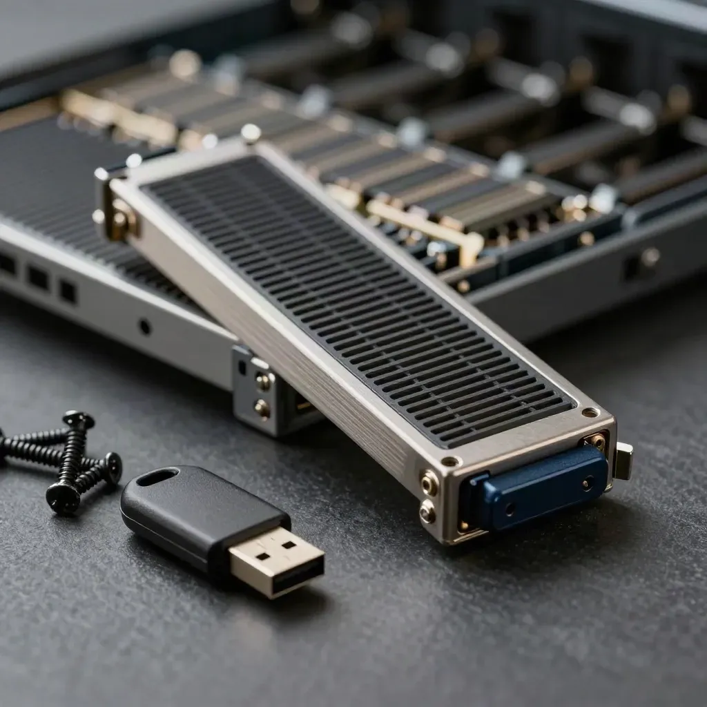 Server blade, USB security key, and mounting screws on graphite stone, seen in close macro.