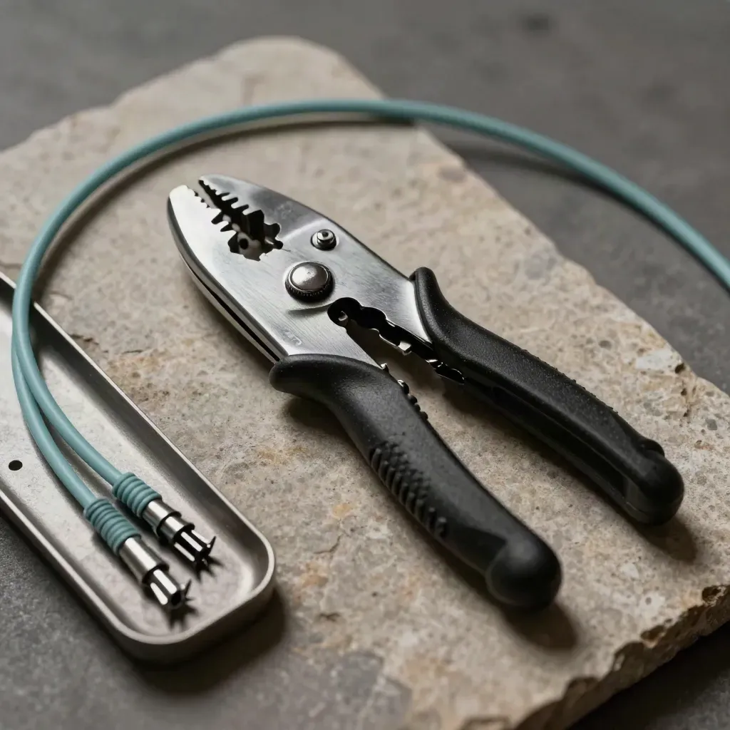 Cable crimp tool beside fibre patch lead and ferrules on warm stone in dramatic macro light