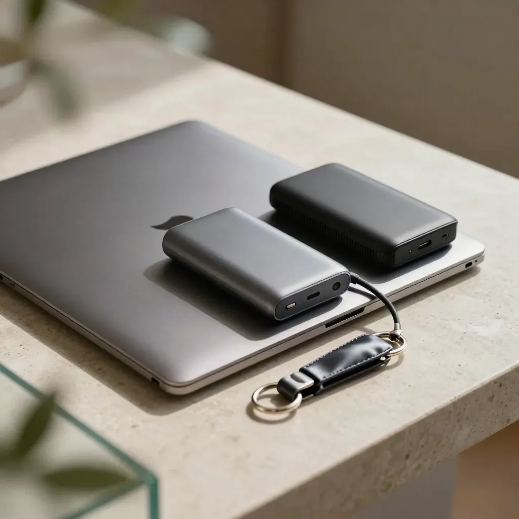 Closed ultrabook, travel router, power bank and key fob on a pale desk behind blurred glass.