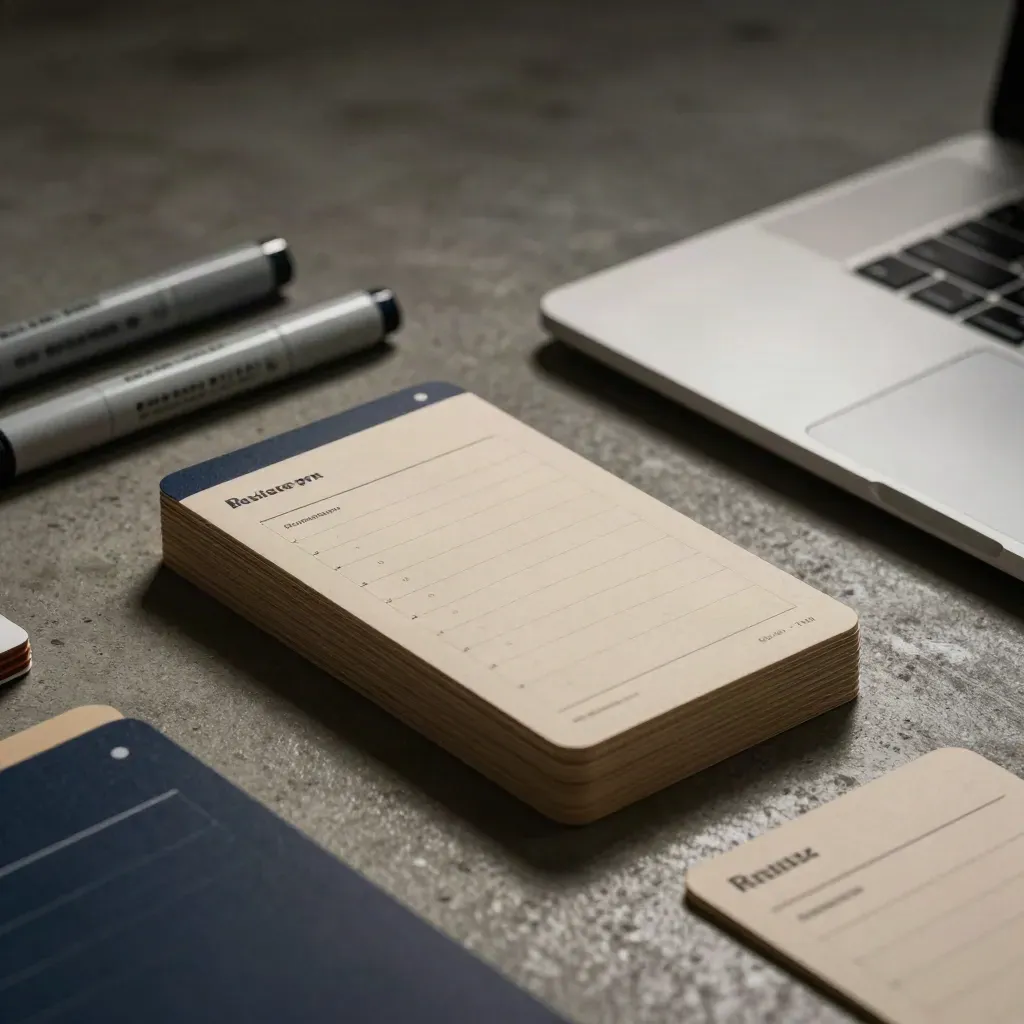 Planning cards, dock, markers and dividers on concrete under hard light, with a navy accent.