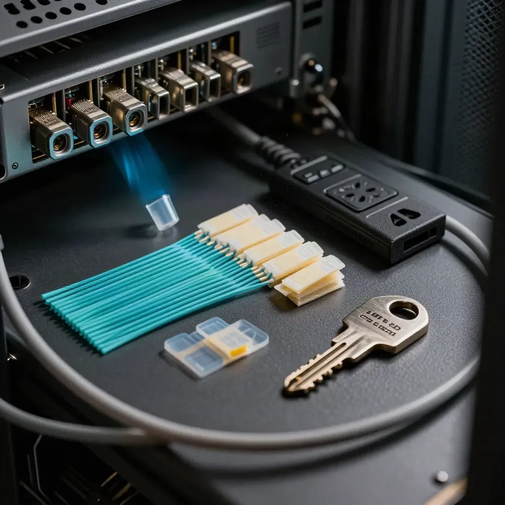 Fibre patch leads, SFP modules, and rack key on graphite in a server aisle close-up.