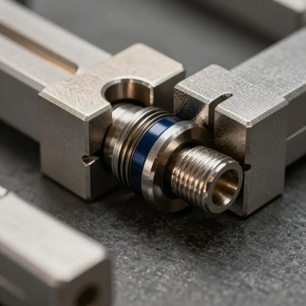 Macro of machined connector parts and a linked metal ring on graphite stone, lit from above-left.