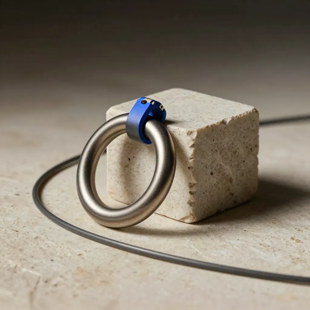 Linked steel rings, modular block, and cable loop on pale stone with dramatic light.