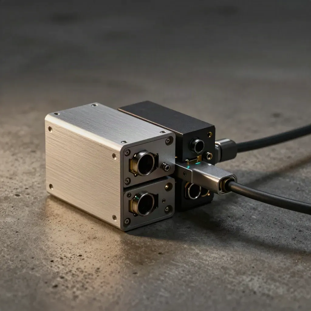 Brushed metal compute node with stacked modules and a cable bridge on warm concrete.