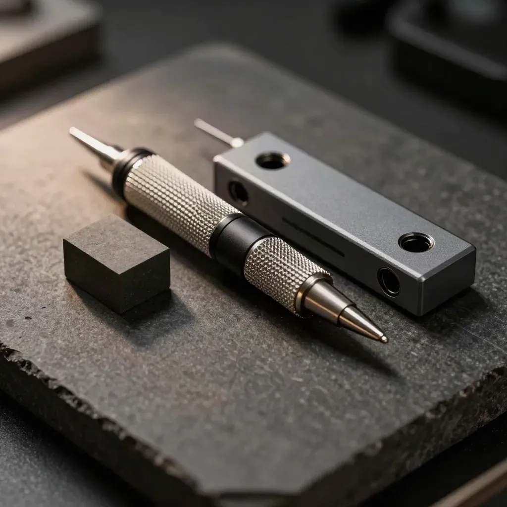 Overhead macro of a probe, signal splitter and gauge block on dark graphite stone.