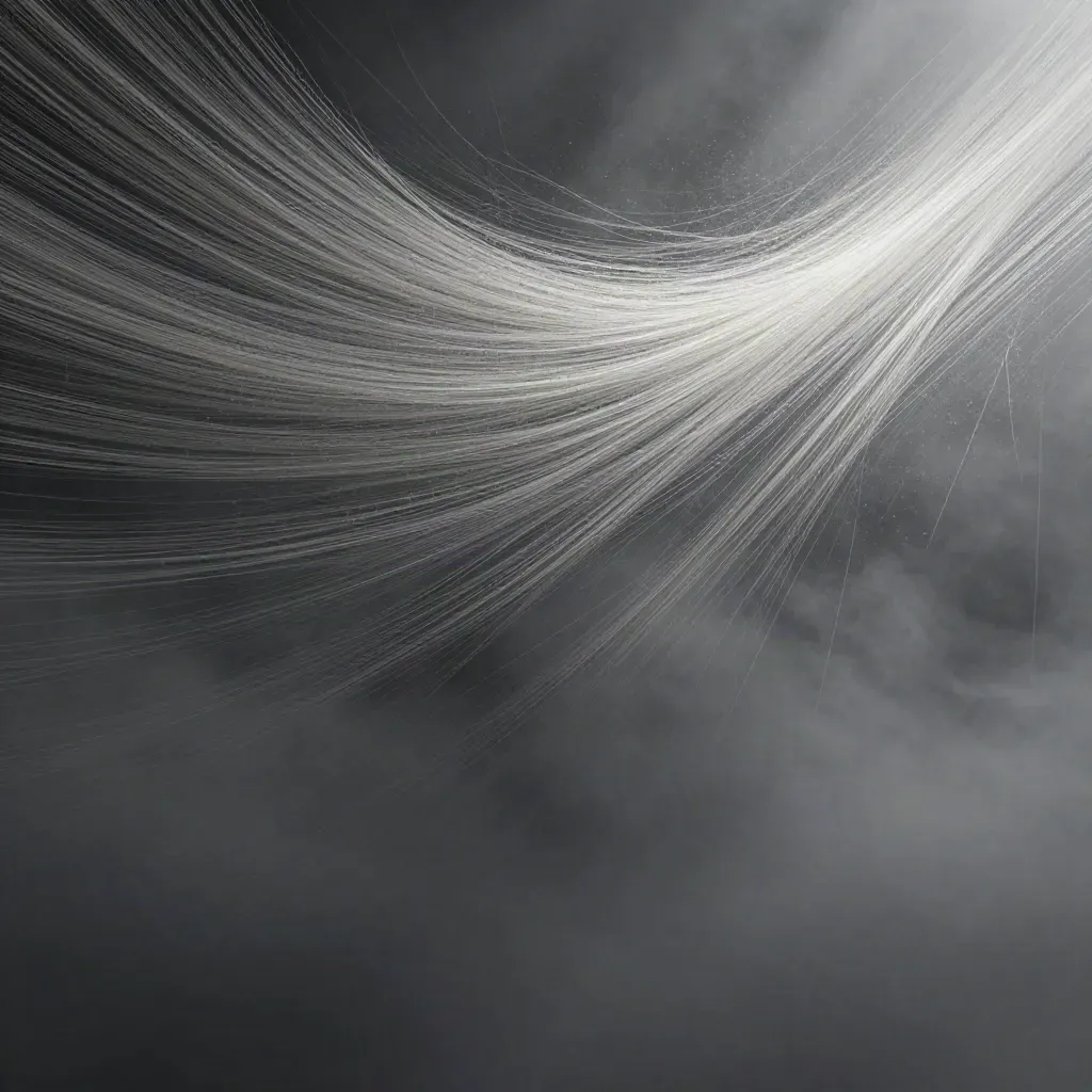Silver light filaments converge in charcoal mist with a soft bloom and drifting motes.